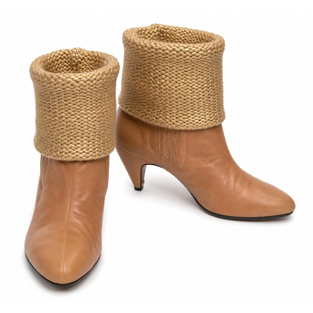 Le Due Womens Ankle Boot  6M Beige Leather Gold Metallic Knit Cuff Pointed Toe